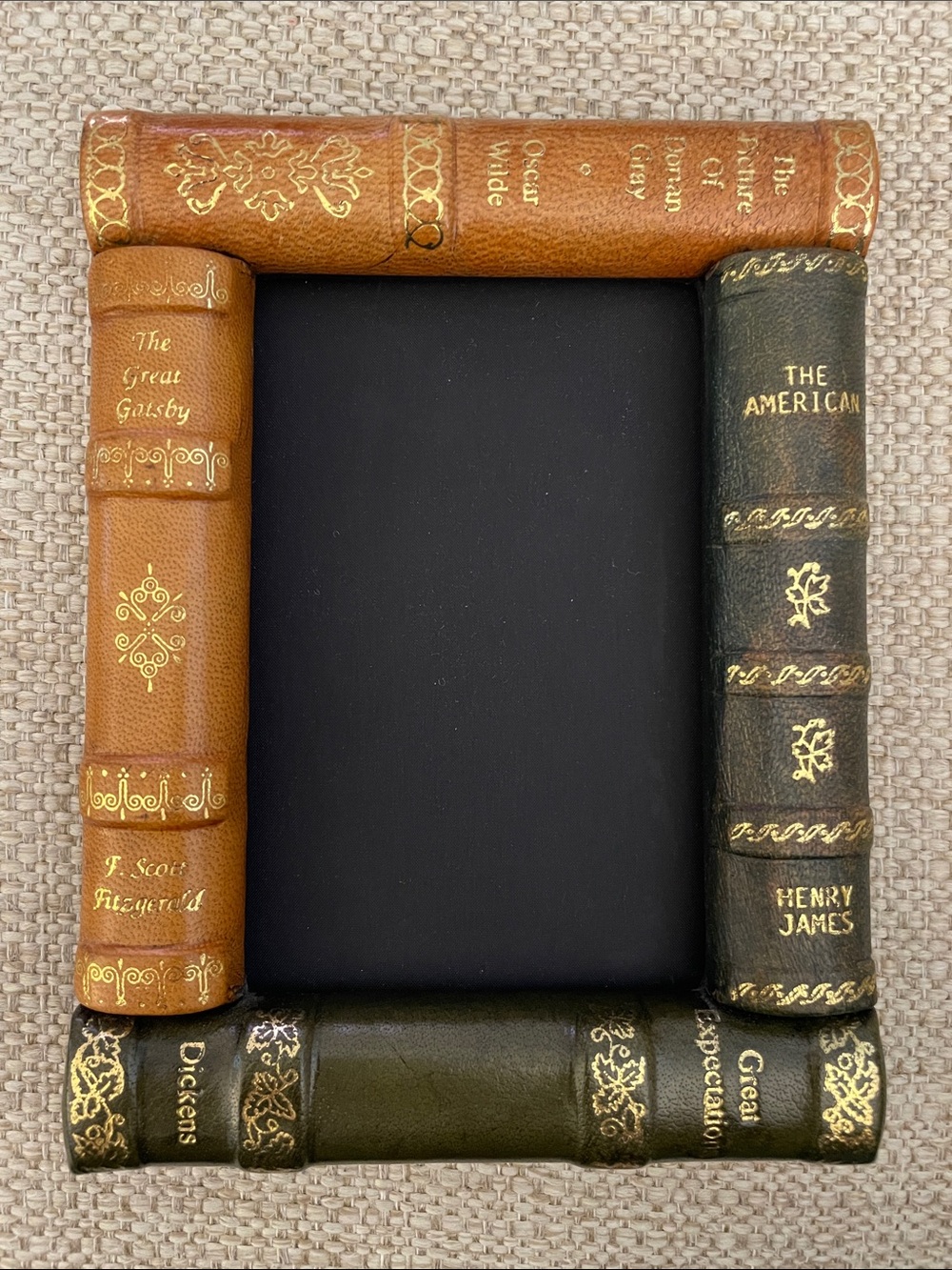 Faux Leather Book Spine Picture Frame in Tan, Green, and Black